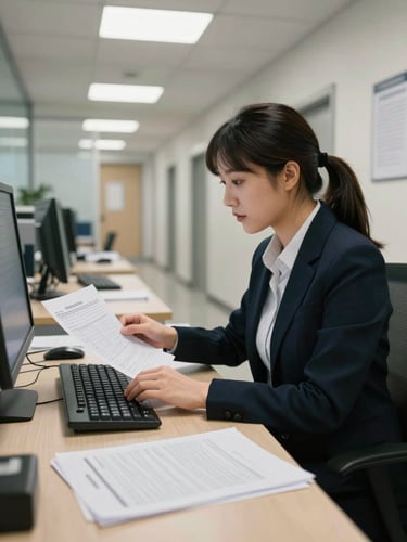 Medium-wide office interior, a practice manager seated at an intake desk reviewing a stack of paper claims under overhead fluorescent lighting, hands resting on a keyboard, claim forms visible in foreground, quiet clinical hallway receding in background