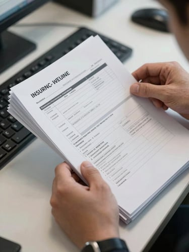 Close-up overhead of hands sorting through a stack of insurance claim forms on an office desk under fluorescent light, a keyboard visible at the edge, documents slightly fanned out