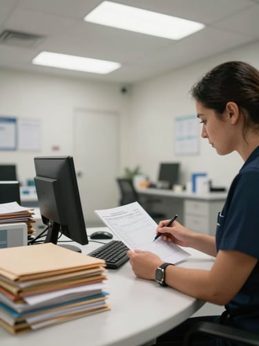 Wide medium shot of a primary care intake desk, overhead fluorescent office lighting, a practice manager reviewing a printed claim batch beside a keyboard, stacks of manila folders to the left, clinical white walls
