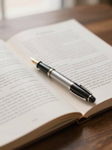 Close-up of open legal codes and a fountain pen resting on a dark wooden table, soft side lighting, elegant and scholarly atmosphere