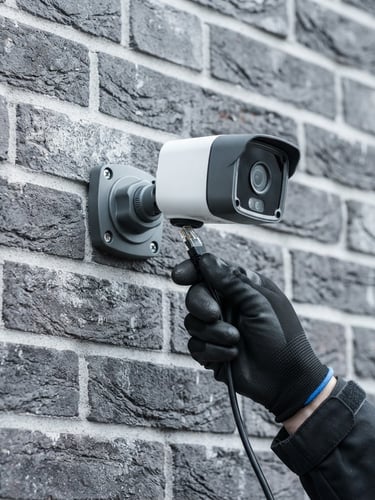 Crisp product photography of a weather-sealed IP camera being mounted on a modern brick wall, hands holding an ethernet cable, cool slate tones, sharp focus.