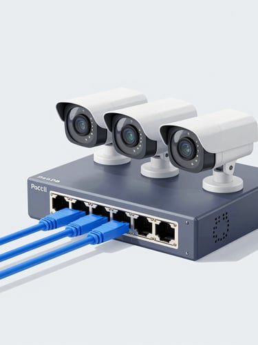 A clean technical diagram of a security system architecture, showing IP cameras connected via blue ethernet cables to a central PoE switch and NVR, flat vector style with sharp lines on a light gray background.