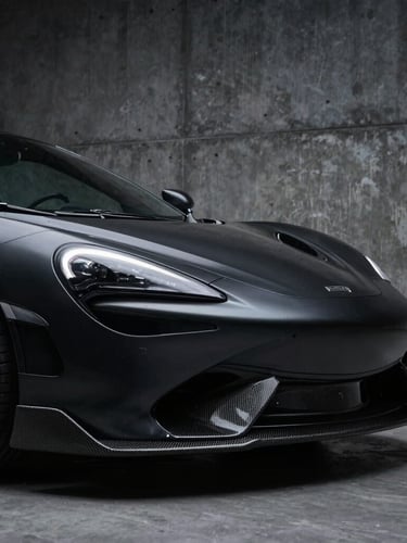 Low-angle tracking shot of a matte black sports car with a carbon fiber front splitter installed, dramatic side-lighting, brutalist concrete background, 35mm anamorphic lens