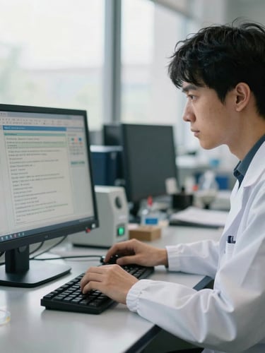 A focused researcher analyzing complex data structures on a clean monitor in a bright university laboratory, soft window light, deep navy tones, shallow depth of field