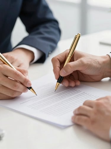 Close-up of professional hands signing a structured legal document on a clean workspace, soft natural daylight, gold pen detail, 35mm lens