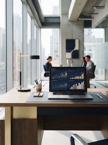 Bright modern office with architectural glass details, clean minimalist desk with a laptop showing financial growth charts, soft natural daylight, deep navy and gold accents, professional corporate editorial photography, 35mm lens