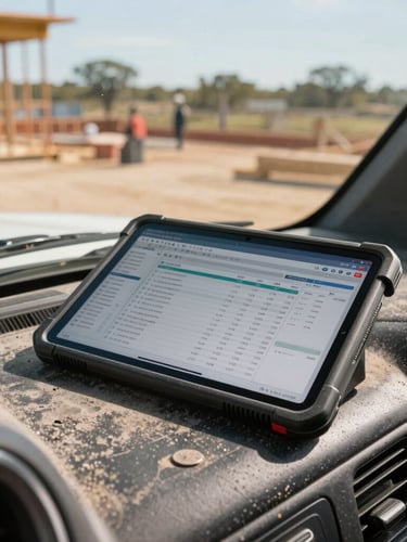 A rugged tablet displaying a clean financial spreadsheet resting on a dusty pickup truck dashboard, active construction site visible through the windshield, natural bright Texas daylight
