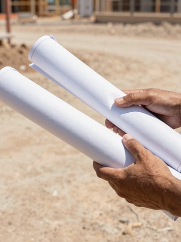 Close-up of hands holding rolled-up blueprints on a dusty construction site, natural bright Texas daylight, sharp focus, 35mm lens