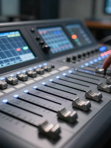 Extreme close-up of a high-end multi-camera switcher in a dim control room, cool blue screen glows reflecting off metal faders, shallow depth of field.
