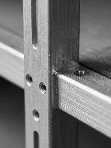 Extreme macro close-up of a machined aluminum shelving joint, showing the raw metallic anodized texture, sharp directional studio lighting, high-contrast monochrome