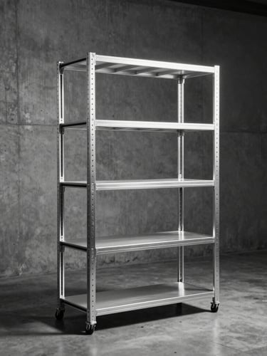 Stark industrial product photography of raw aluminum modular shelving standing monolithically in an empty raw concrete studio, hard directional light, high-contrast monochrome