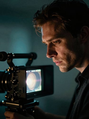 Moody film set close-up of a director peering intently at a glowing camera monitor, dramatic chiaroscuro lighting with cool cyan backlighting, 35mm anamorphic lens