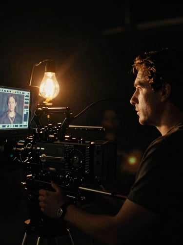 moody cinematic film photography, low-key dramatic lighting of a director peering at a camera monitor on a dark set, warm sodium-vapor accents, 35mm anamorphic lens