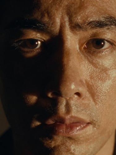 Extreme close-up of an actor with an intense expression under dramatic sodium-vapor lighting, rich shadows, moody cinematic film photography