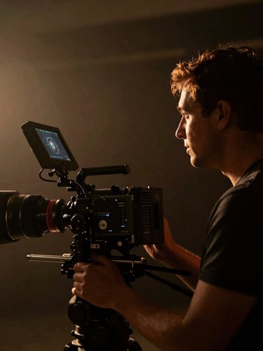 A director peering at a high-end camera monitor on a moody film set, low-key dramatic lighting, warm tungsten backlighting, rich shadows, 35mm anamorphic lens