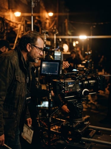 Moody cinematic film photography of a low-key dramatic film set, director peering at a camera monitor with warm sodium-vapor lighting, anamorphic lens flare, rich shadows, 35mm anamorphic lens style.