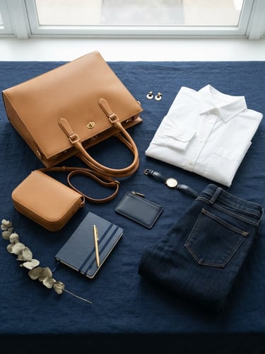 Bright editorial photography of high-quality modern leather bags and structured apparel flat-lay on a clean navy surface, soft natural daylight, 50mm