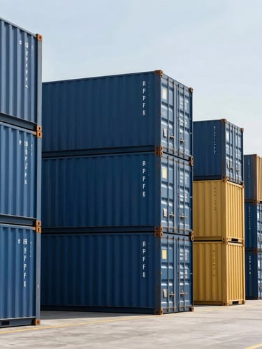 Bright editorial photography of a modern, organized shipping terminal with stacked blue cargo containers under clear daylight, high-end logistical precision, 50mm
