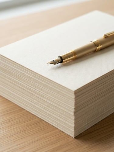 Macro photograph of heavy-weight linen paper sheets stacked neatly, soft shadows, warm gold fountain pen resting on top, bright natural daylight, clean minimalist styling, 50mm