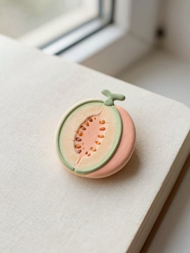 Overhead macro shot of a hand-painted clay melon pin resting on a textured linen sketchbook, soft morning window light, 35mm