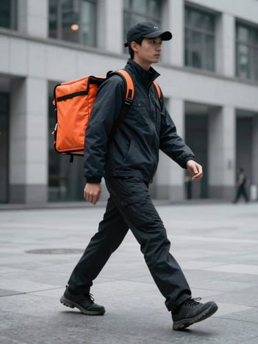 Dynamic low angle shot of a professional courier in clean dark technical outerwear walking briskly through a cool overcast city plaza, motion-blurred architectural background, 50mm