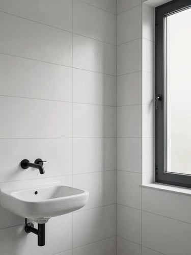 Eye-level view of a freshly completed bathroom renovation in a Milan apartment — large-format white wall tiles with fine grey grout lines, a wall-mounted basin and matte black tap visible to the left, natural north-facing light entering from a frosted window on the right, no people, no props