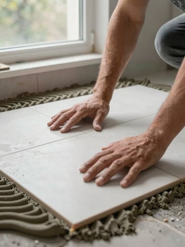Close-up of a tiler's hands pressing a large-format floor tile into mortar in a residential bathroom, natural north-facing daylight through a window, grout lines and tile spacers visible, authentic site lighting, eye-level homeowner angle