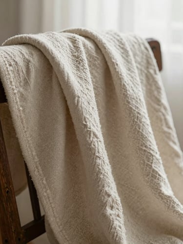 A heavy-gauge organic cotton blanket draped over a worn dark wooden chair, soft directional morning light, shallow depth of field, tactile slub texture