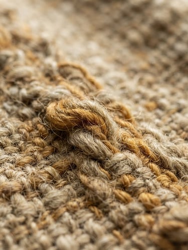 Macro close-up of heavy-gauge slub linen texture, warm ochre and raw flax threads, soft morning window light, shallow depth of field