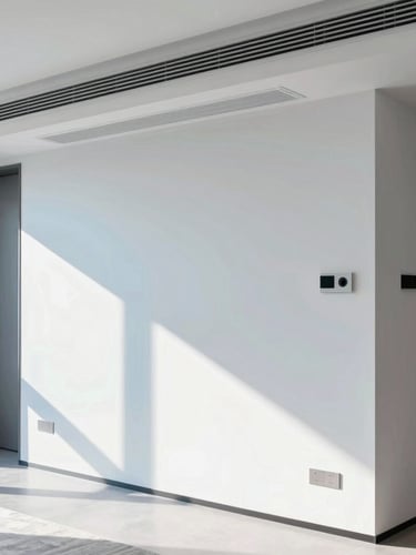 Bright architectural photography of a modern luxury living room with clean lines, subtle integrated climate control vents, natural daylight, cool blue shadows, sharp focus