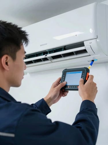 Close-up of a professional technician in a clean dark blue uniform using precise digital tools to measure air flow from a sleek modern AC unit, bright cool daylight, 35mm.