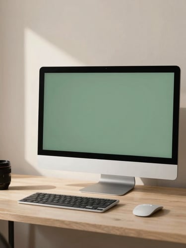 Quiet Scandinavian workspace in Stockholm, soft north-facing daylight, minimalist desk with a design mockup on a high-end monitor, muted forest green tones, 35mm lens