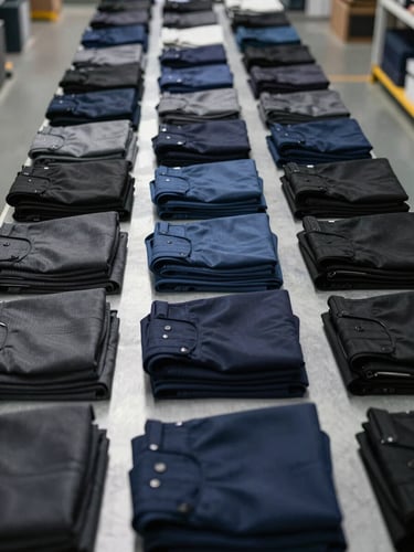 Extreme close-up overhead shot of dozens of neatly folded formal trousers stacked in precise columns across a wide cutting table, organized by color from charcoal to navy to black, studio lighting bright and even, factory floor visible in the far background showing scale of inventory