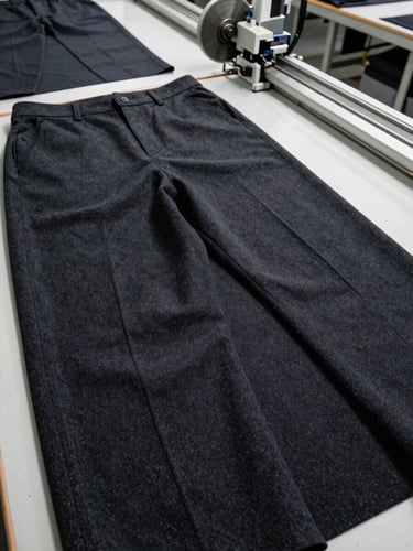 Overhead wide shot of a garment cutting station in an industrial factory — layers of dark wool-blend trouser fabric spread flat on a long cutting table, industrial rotary blade cutter resting at the edge, bright even studio lighting, no people, sharp fabric weave texture visible, documentary style