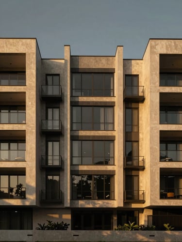Symmetrical architectural photography of a modern luxury residential facade in Lima at dusk, dramatic golden-hour light casting deep shadows on clean concrete and glass structures, warm gold highlights, wide-angle lens