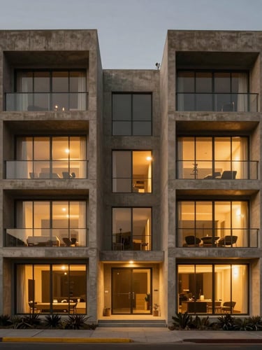 Symmetrical architectural photography of a modern concrete residential facade in Lima at dusk, straight-on framing, warm gold interior light glowing through large glass panes, deep shadows