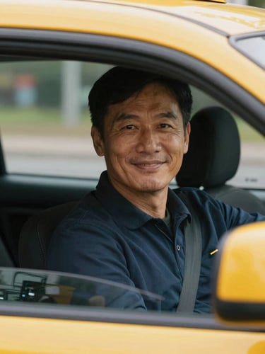 A close-up shot of a professional driver smiling politely from inside a clean, modern yellow taxi cab, warm morning light, showing a clean dashboard and a welcoming atmosphere, 35mm lens