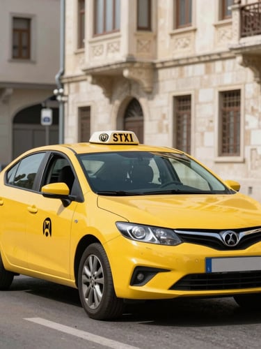 A bright daylight medium shot of a clean modern yellow taxi cab parked on a Sivas city street, with historical stone buildings softly blurred in the background, professional and clean look, 35mm lens