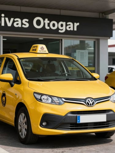 A vibrant yellow taxi cab waiting at Sivas Otogar terminal entrance, bright daylight, sharp focus on the clean vehicle, professional and welcoming atmosphere