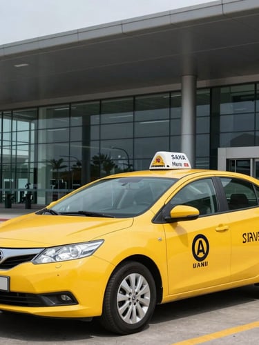A clean yellow taxi cab parked in front of the modern Sivas Nuri Demirağ Airport terminal building, bright natural daylight, sharp focus, professional editorial photography