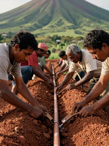 Hands of volunteers and local farmers working together to construct a community water line, rich terracotta soil, lush green volcanic highland backdrop, warm natural daylight