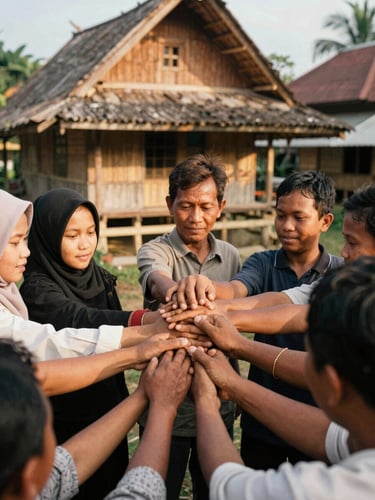 Potret dekat tangan relawan dan warga lokal sedang berjabatan erat dengan latar belakang rumah bambu tradisional Sunda, cahaya alami hangat