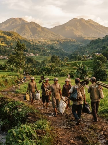 Warm documentary photography of a lush green volcanic valley in West Java, a group of local volunteers walking together along a dirt path carrying supplies, soft golden-hour sunlight, 35mm film aesthetic