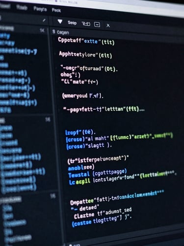 Close-up of a high-contrast dark code editor screen with electric blue syntax highlighting, dramatic low-key rim lighting, sharp focus