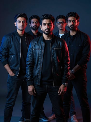 Dramatic high-contrast editorial portrait of tech founders in dark streetwear, cool blue neon rim lighting, deep shadows, looking confident and sharp, Karachi studio setting.
