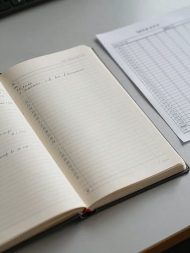 Overhead close-up of an open financial ledger with handwritten register entries and a structured data printout beside it, overcast studio light, no people, muted cream and grey tones, documentary framing on a bare institutional desk surface