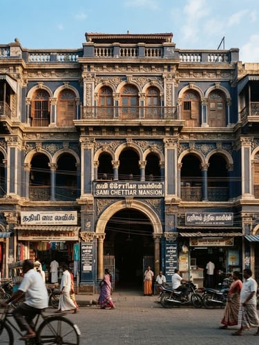 Wide-angle street-level architectural shot of a classic building in Triplicane, Chennai 600005, bathed in warm morning sunlight, sharp focus, 35mm lens.