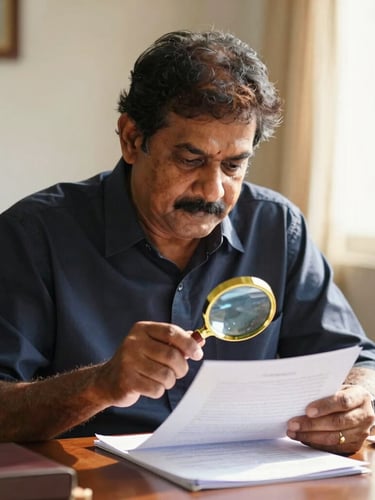 Professional portrait of Gunaseelan, 68, in a workspace setting, reviewing legal documents with a magnifying glass, warm natural morning light, sharp focus.