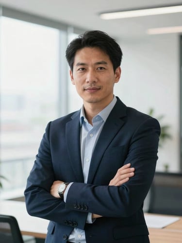 Professional environmental portrait of a male business consultant in a clean modern office, natural daylight, looking confident, 50mm lens