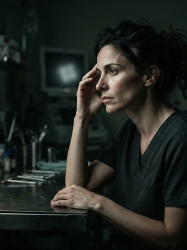 Dark, moody portrait of a person in thought, looking away, in a dimly lit, high-contrast chiaroscuro setting, with subtle medical instruments in the background, wide portrait aspect.